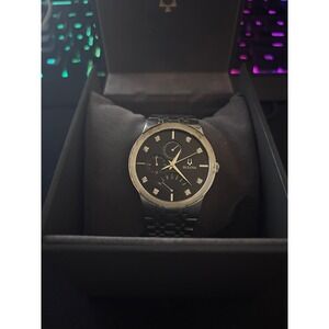 Bulova Mens Diamond Accent Multifunction Stainless Steel Watch Black Dial 96D148